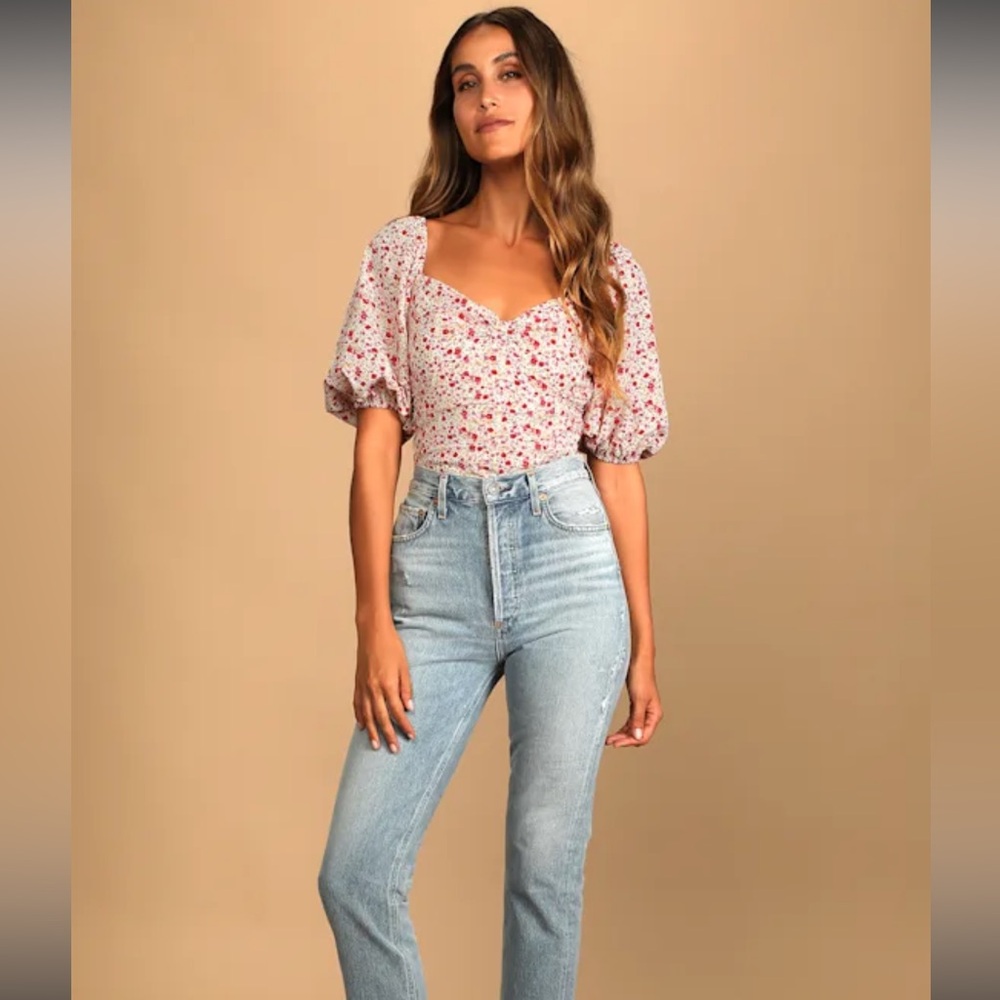 NWT Lulu’s Beautiful Hues Ivory Floral Print Puff Sleeve
Ruched Bodysuit Size XL - Picture 2 of 15